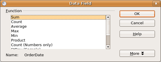 The Data Field dialog box lets you apply spreadsheet functions to the DataPilot.