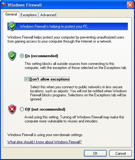 Windows Firewall dialogue box with Don't allow exceptions checked