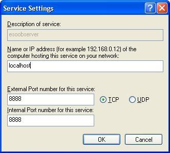 Service Settings dialogue box with localhost as the host name and 8888 as the service port