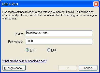 Edit a Port dialogue box with esoobserver_http as the service name and 8890 as the port
