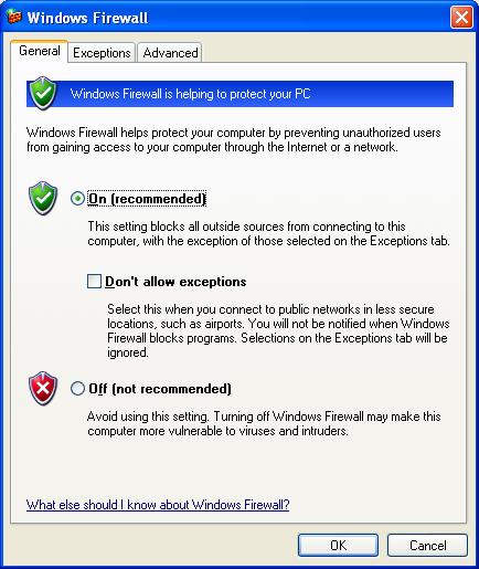 Windows Firewall dialogue box General tab
